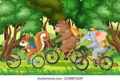 Squirrel, bear, and elephant biking in nature