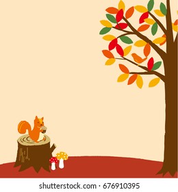 squirrel and bird  in autumn forest