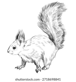 Ardilla. Dibujo a lápiz en blanco y negro de una ardilla con orejas largas y esponjosas y cola aisladas sobre un fondo blanco. Dibujo de Vector realista de un animal del bosque en la naturaleza