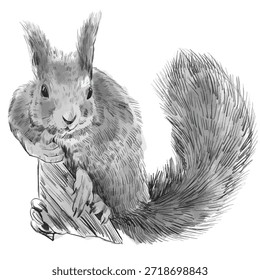 Ardilla. Dibujo a lápiz en blanco y negro de una ardilla con orejas largas y esponjosas y cola aisladas sobre un fondo blanco. Dibujo de Vector realista de un animal del bosque en la naturaleza