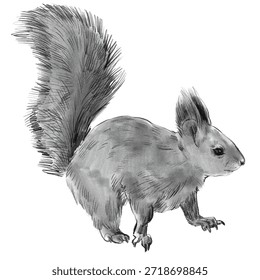 Ardilla. Dibujo a lápiz en blanco y negro de una ardilla con orejas largas y esponjosas y cola aisladas sobre un fondo blanco. Dibujo de Vector realista de un animal del bosque en la naturaleza