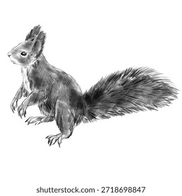 Ardilla. Dibujo a lápiz en blanco y negro de una ardilla con orejas largas y esponjosas y cola aisladas sobre un fondo blanco. Dibujo de Vector realista de un animal del bosque en la naturaleza