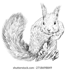 Ardilla. Dibujo a lápiz en blanco y negro de una ardilla con orejas largas y esponjosas y cola aisladas sobre un fondo blanco. Dibujo de Vector realista de un animal del bosque en la naturaleza
