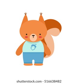 Squirrel In Blue Top With Acorn Print And Blue Pants Cute Toy Baby Animal Dressed As Little Boy
