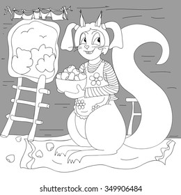 Squirrel with a bowl full of nuts, hand drawn black outline on grey background. Perfect vector illustration for children's books, coloring book, postcards, print on t-shirt