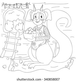 Squirrel with a bowl full of nuts inside hollow tree, hand drawn black outline. Perfect vector illustration for children's books, coloring book, postcards, print on t-shirt