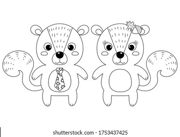 Squirrel boy and squirrel girl vector illustration cartoon isolated on white background. Cute squirrels vector cartoon colorless for coloring page.   