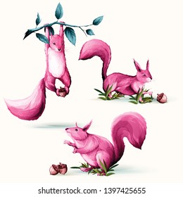 Squirrel with branches and leaves. Set of three colored animals isolated on white. Stylized gand drawn illustration. Design elements. Vector - stock.