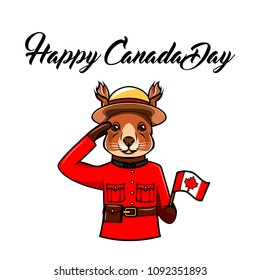 Squirrel. Canada day greeting card. Animal wearing in form of the Royal Canadian Mounted Police. Canadian flag. Vector illustration.
