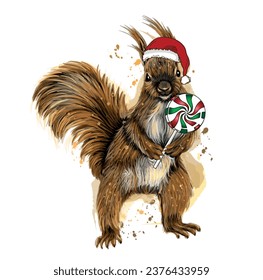 Squirrel with candy and Christmas hat. Color, graphic, hand-drawn portrait of a cute squirrel looking ahead on a white background with blots. Wall stickers.