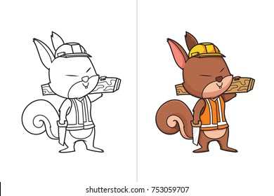 Squirrel Carpenter, Line art illustration for coloring book