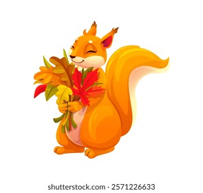 Squirrel cartoon character with autumn leaves as funny wild animal, vector personage. Happy squirrel holding bunch of oak and maple leaf for autumn or fall season and cheerful cute wild forest animal