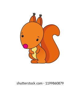 Squirrel cartoon character. Little cute fluffy animal pet. Beautiful tail. Woodland rodent. For kids book, educational card, baby clothes. Print design for children. Kawaii style vector illustration.