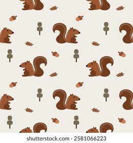 Squirrel cartoon so cute. On acorn tree leaf background. Pattern seamless vector illustration. 