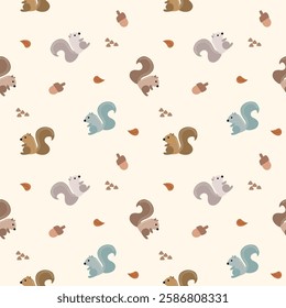 Squirrel cartoon so cute. On acorn leaf background. Pattern seamless vector illustration. 