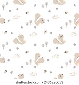 Squirrel cartoon so cute. On star tree cloud acorn background. Pattern seamless vector illustration. 
