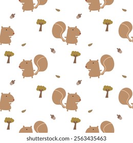 Squirrel cartoon so cute. On tree acorn leaf white background. Pattern seamless vector illustration. 