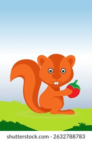 A squirrel cartoon holding a fruit in his hand