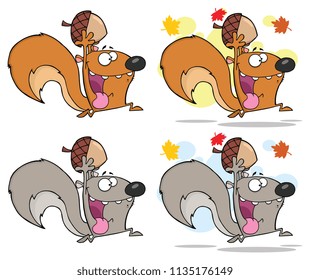 Squirrel Cartoon Mascot Character Running With Acorn. Vector Collection Isolated On White Background