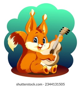 Squirrel in cartoon style. Cheerful Squirrel. A beautiful drawing of the Squirrel for children. The Squirrel plays the guitar. Vector illustration.