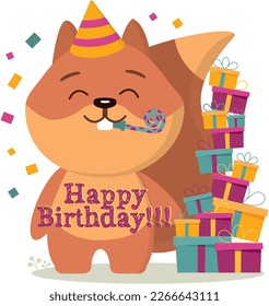 Squirrel is celebrating his birthday. Vector image on the theme of the holiday