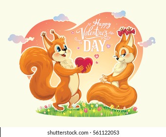 Squirrel character, boy give heart girl, congratulations to her for the Valentines day.