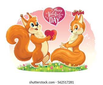 Squirrel character, boy give heart girl, congratulations to her for the Valentines day.