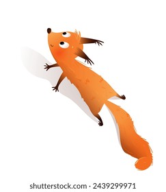 Squirrel character design for children. Cute and playful squirrel climbing and playing. Furry forest animal friend for kids. Vector childish illustration in watercolor style.