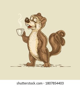 squirrel character holding a cup of coffee vector handrawing illustration