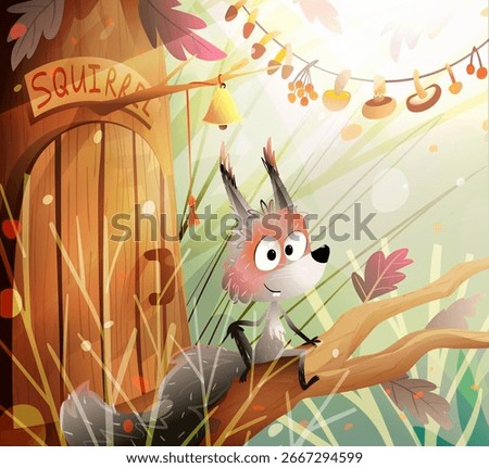 Squirrel character at home on the tree. House with door and food storage of mushrooms on branches. Little squirrel house in forest, cartoon for children. Hand drawn vector illustration for kids.