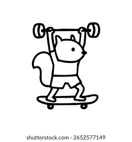 A squirrel character lifting weights while skateboarding