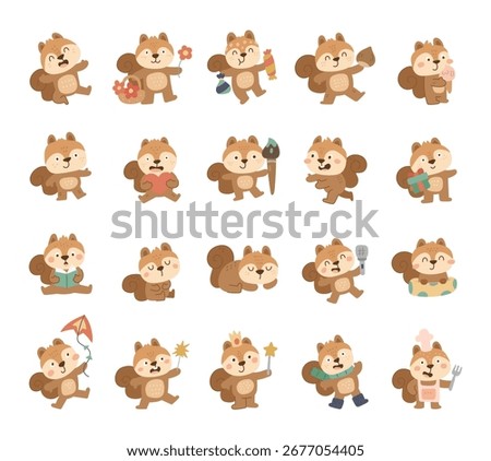 Squirrel character set in scandinavian style with many different emotions and poses including holiday, birthday, valentine, cooking, sport, reading, sleeping, relaxing, celebrating, painting