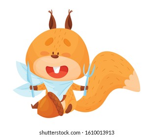 Squirrel Character Sitting with Fork and Knife Ready to Eat Acorn