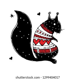 
squirrel character in a sweater with a red heart, sits, illustration squirrels vector greeting card
