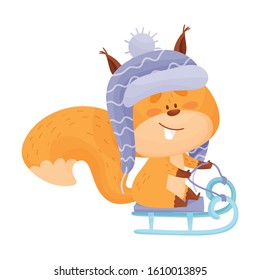 Squirrel Character Wearing Winter Hat and Sledging Vector Illustration