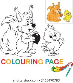 A Squirrel and a Chick, These two friends are ready for some fun! Color the squirrel and the chick. The coloring page for preschool kids, Cartoon vector illustration, coloring page