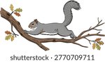 Squirrel climbing on a tree branch with oak leaves tree limb squirrel climbing illustration