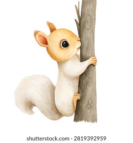 Squirrel climbing up tree trunk side