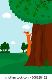 Squirrel climbing the tree. Vector illustration.