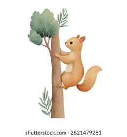 Squirrel climbing up tree vertically now