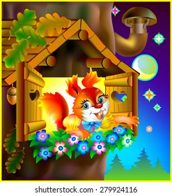 Squirrel closing the window in his house before bedtime, vector cartoon image