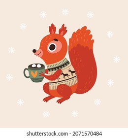 Squirrel with cocoa, winter christmas card 