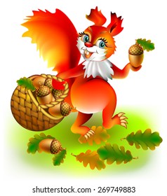 Squirrel collecting acorns, vector cartoon image