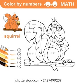 Squirrel. Color by numbers - addition and subtraction worksheet for education. Coloring page. Solve examples and paint squirrel. Math exercises worksheet. Developing counting learn. Print page for kid