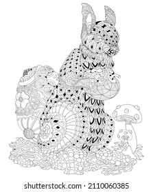 Squirrel. Coloring book. Hand drawn, funny, squirrel with apple, for adults, anti stress coloring book, high detail page on white background, zentangle style illustration. Vector illustration for colo