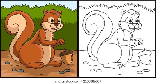 Squirrel Coloring Page Colored Illustration