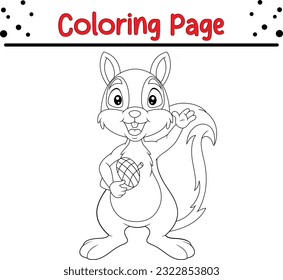 Squirrel Coloring Page. Colorless funny cartoon squirrel with acorn in his hand. Vector illustration.