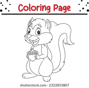 Página Colorante de ardillas. Caricatura incolora y divertida ardilla con bellota en la mano. Ilustración vectorial.