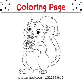 Squirrel Coloring Page. Colorless funny cartoon squirrel with acorn in his hand. Vector illustration.