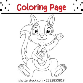 Squirrel Coloring Page. Colorless funny cartoon squirrel with acorn in his hand. Vector illustration.